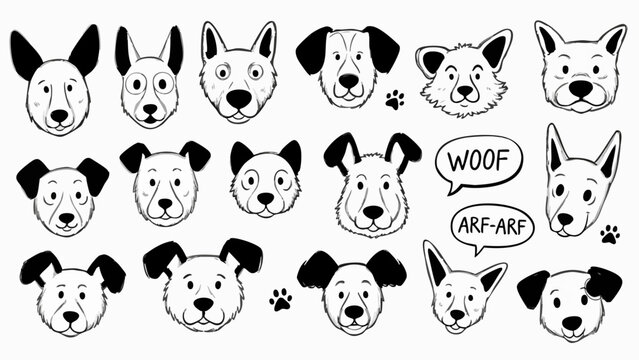 Hand drawn collection of various cute dog faces and heads.