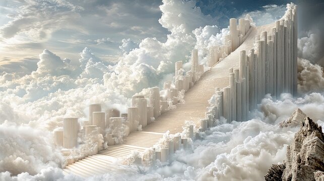 A grand, ornate stairway ascends through fluffy white clouds, flanked by classical architectural columns. The scene is bathed in soft, ethereal light, suggestin