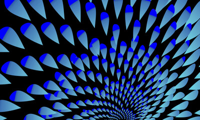 Vector abstract 3d background with curved leaf or petal patterns, bright color gradations on a black background, creating the illusion of depth and futuristic dynamic rotating movement.