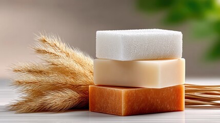Three bars of soap stacked on a surface, with dried pampas grass and soft, natural lighting. The soaps are different colors: white, cream, and orange. The backg