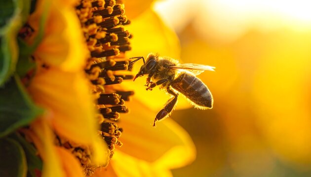 Close-up of a bee collecting pollen from a vibrant yellow sunflower