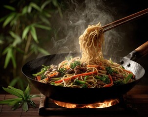 Stir-fried noodles with colorful vegetables and tender beef being lifted from a sizzling wok, surrounded by bamboo leaves, creating an inviting culinary atmosphere
