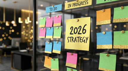 2026 Strategy written on a yellow sticky note on a glass office board with colorful planning tags. Business concept for New Year goals and management with blurred background.
