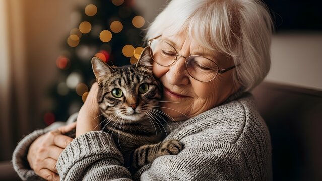 Happy senior woman with glasses tenderly embracing her beloved tabby cat in front of a festive Christmas tree - Powered by Adobe