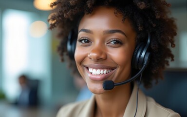 Portrait, call center and black woman with a smile, telemarketing and customer service with headphones. Face, female person and agent with happiness, help and tech support with consultant and advice