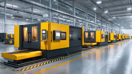 Modern industrial factory with CNC machines in a row. The production facility features advanced manufacturing equipment, showcasing industrial automation and technology.