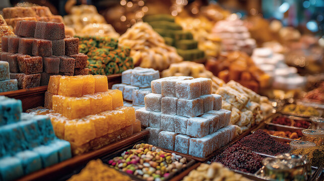 Realistic photo of Turkish bazaar sweets stall, Turkish delight, baklava, halva, rich textures and vibrant colors