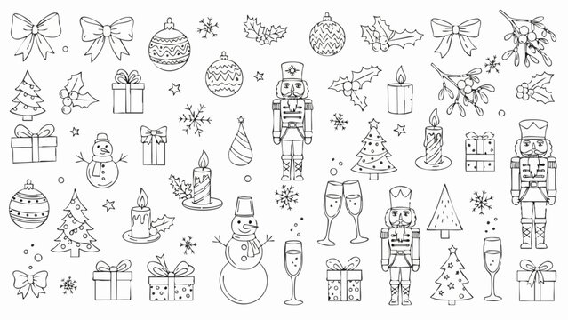 Christmas festive elements collection, hand drawn outline illustrations, holiday decorations.