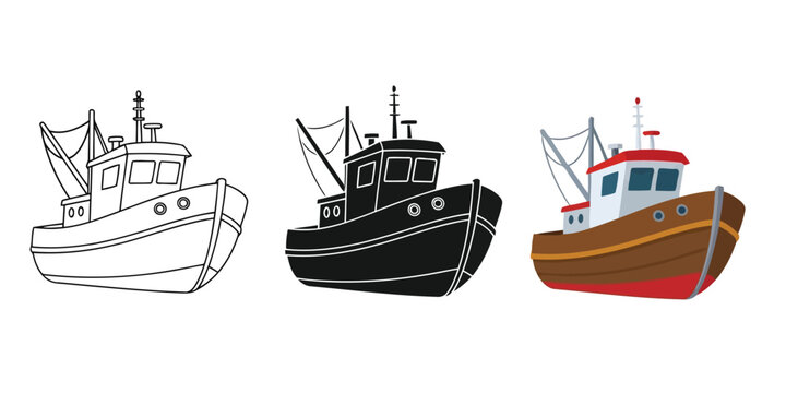 Fishing boat In Three styles vector set line art, silhouette and color version