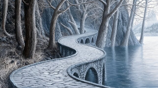 A winding stone bridge path curves through a forest of bare trees next to a tranquil lake. The scene is set in winter with a misty, ethereal atmosphere and dist