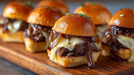 juicy mini beef sliders, melted cheese dripping, caramelized onions, glossy brioche buns, soft warm light, shallow DOF, gourmet appetizer style.