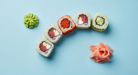 “Colorful assorted sushi rolls arranged in a curved line on a light blue background, with wasabi and pickled ginger on the side.”