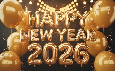 Golden Happy New Year 2026 Balloons and Lights Celebration image photo