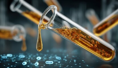 Test tubes filled with golden liquid are suspended in mid-air, showcasing a scientific experiment with a digital interface and glowing particles in the background