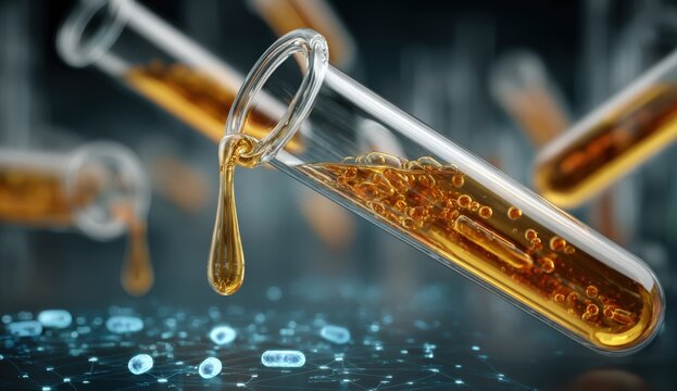 Test tubes filled with golden liquid are suspended in mid-air, showcasing a scientific experiment with a digital interface and glowing particles in the background