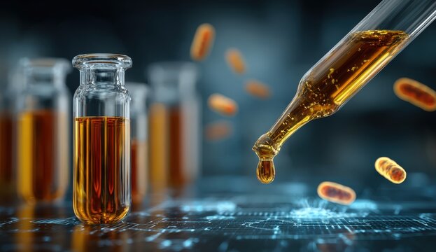 Glass vials filled with amber liquid are surrounded by floating capsules, with a futuristic digital interface in the background, illustrating pharmaceutical innovation and research