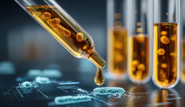 Laboratory scene featuring a pipette dropping liquid containing microorganisms into a digital interface, showcasing scientific research and innovation in microbiology and biotechnology - Powered by Adobe