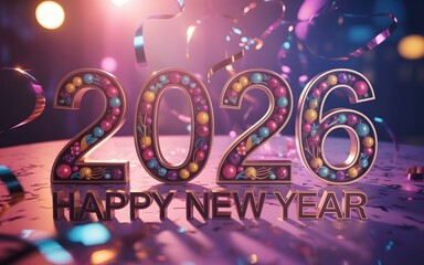 Happy New Year 2026 Text with Festive Confetti and Ribbons celebration