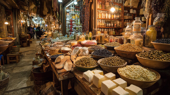 Artistic Turkish bazaar stall filled with olives, cheeses, bread, rustic textures