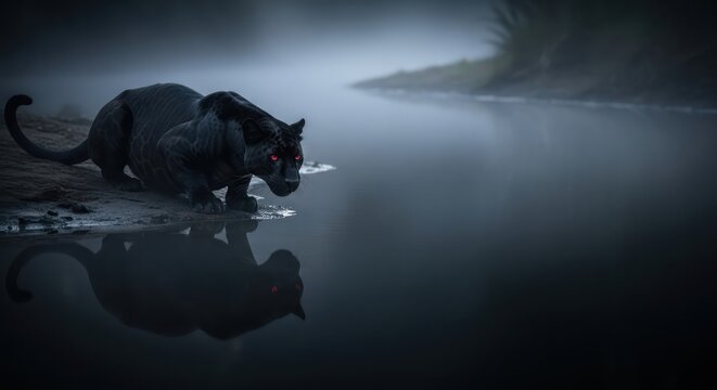 Mystical encounter: a black panther mirroring in the tranquil river at twilight
