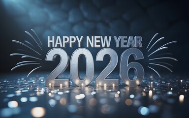 Happy New Year 2026 text with silver numbers and abstract background image photo