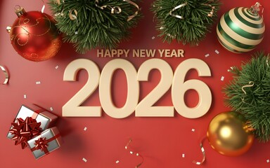 Happy New Year 2026 with Christmas Decorations and Gifts celebration