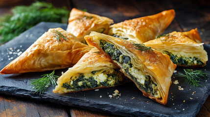 flaky spanakopita triangles, golden phyllo layers, spinach and feta filling visible, arranged on a slate platter
