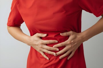 Red Shirt Person Holding Stomach to Show Severe Abdominal Pain on Minimal Clean Background