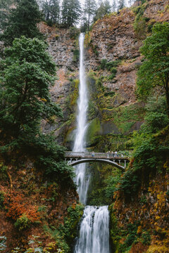 Lower and upper Multnomah Falls on gloomy summer day