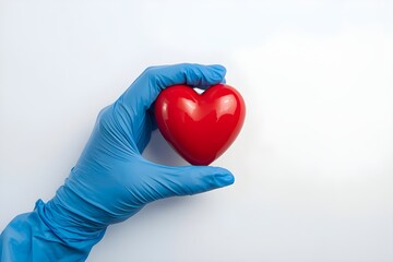 Obraz premium Minimalist Medical Concept with Blue Glove Holding Red Heart Symbol on Clean White Background