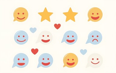 Happy customer feedback icons, stars, speech bubbles, and support symbols, survey, good. High quality