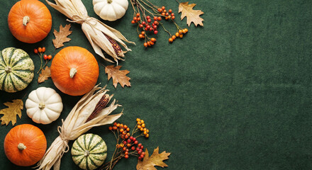 Autumn harvest arrangement of pumpkins gourds and corn husks on dark green background
