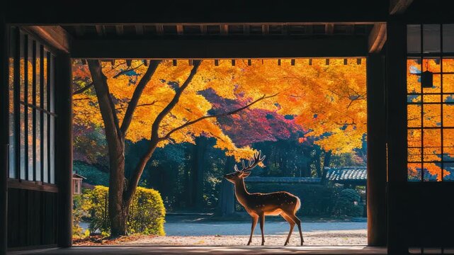 Deer standing in temple gate with vibrant autumn foliage