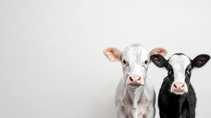 Two young cows, a white calf and a black and white calf, are positioned close together, looking directly at the camera. The background is a plain, light gray.