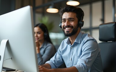 Smiling Indian Male Customer Service Agent Working in Modern Office Space with Computer and Headset. High quality