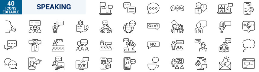 Speaking set of web icons in line style. Communication icons for web and mobile app. Containing people, communication, talking, discussion, speech bubble, team, support and more
