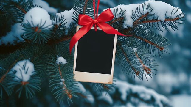 Festive Holiday Memories - A Blank Photo Frame on Snowy Evergreen Branch.