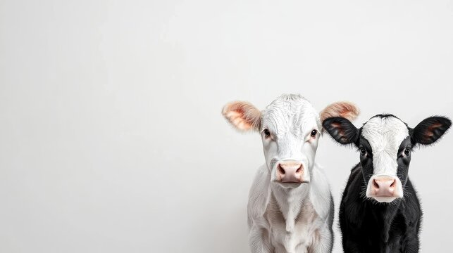 Two young cows, a white calf and a black and white calf, are positioned close together, looking directly at the camera. The background is a plain, light gray.