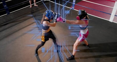 Female boxing duo sparring in ring trading jabs, circuit overlay after jab pulsing over fighters - Powered by Adobe