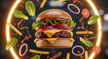 Delicious double cheeseburger with fresh lettuce, tomato, and onion rings floating with french fry pieces in neon light