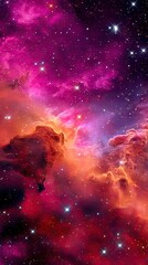 A colorful and luminous nebula with countless stars scattered across the vast expanse of deep space, rendered in shades of pink, purple, and orange.