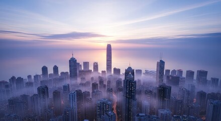 Urban vista enveloped in ethereal fog during dawn's delicate embrace casting a tranquil ambiance