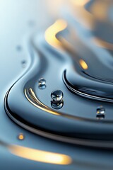 Close-up of clear water droplets resting on a smooth, reflective dark blue surface, with soft golden light creating abstract patterns and highlights. Macro phot