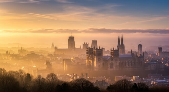 Golden hour illuminates Durham's skyline painting the historic city in warm ethereal hues