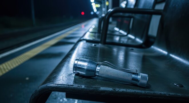 Silver flashlight resting on a metal bench at a train station at night offering a feeling of