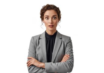 Surprised businesswoman in gray suit with arms crossed studio portrait png image, shocked expression, isolated on transparent background
