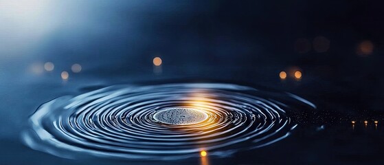 Close-up of concentric water ripples emanating from a bright, glowing light source in the center. The background is dark with soft, out-of-focus bokeh lights.