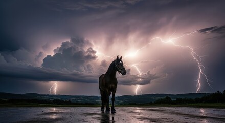 Equestrian silhouette contrasting a violent thunderstorm sky over a rural landscape