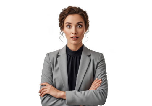 Surprised businesswoman in gray suit with arms crossed studio portrait png image, shocked expression, isolated on transparent background - Powered by Adobe