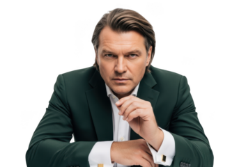 Serious businessman in green suit with hand on chin png image for design projects and marketing isolated on transparent background
